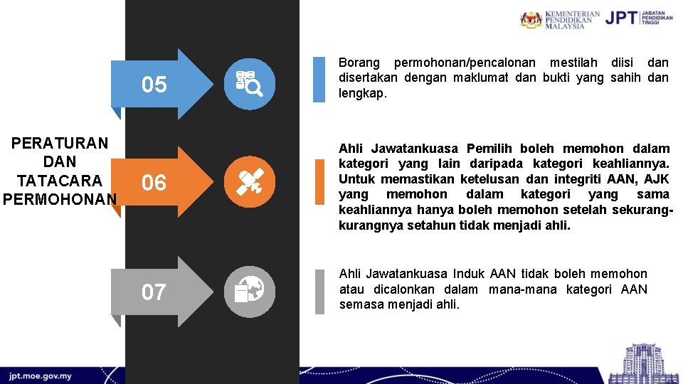 05 PERATURAN DAN TATACARA PERMOHONAN Borang permohonan/pencalonan mestilah diisi dan disertakan dengan maklumat dan