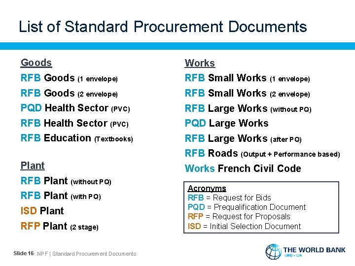 List of Standard Procurement Documents Goods Works RFB Goods (1 envelope) RFB Small Works