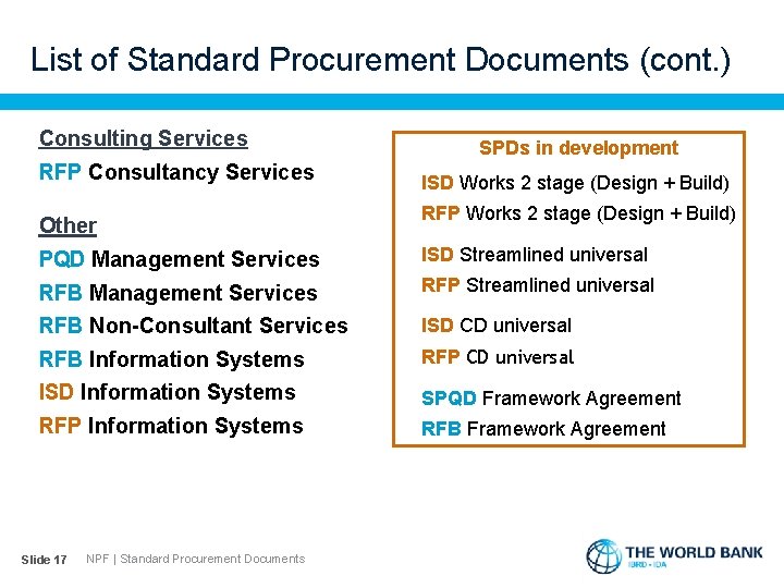 List of Standard Procurement Documents (cont. ) Consulting Services RFP Consultancy Services Other SPDs
