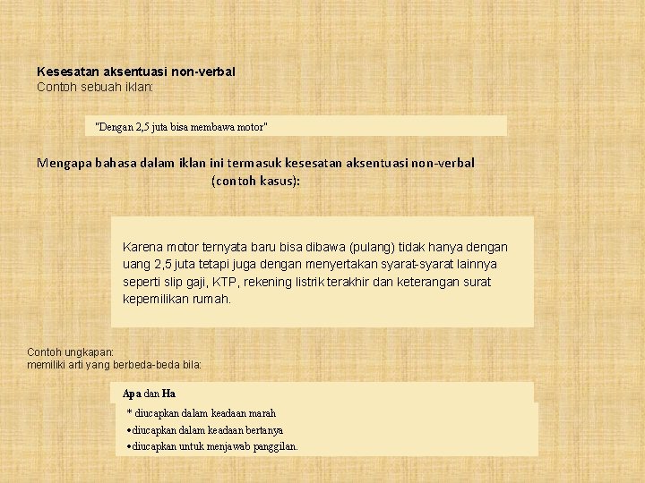 Kesesatan aksentuasi non-verbal Contoh sebuah iklan: "Dengan 2, 5 juta bisa membawa motor" Mengapa Kesesatan aksentuasi non-verbal Contoh sebuah iklan: "Dengan 2, 5 juta bisa membawa motor" Mengapa