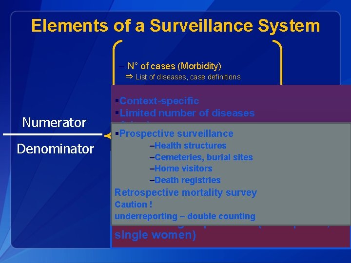 Elements of a Surveillance System – N° of cases (Morbidity) ⇒ List of diseases,