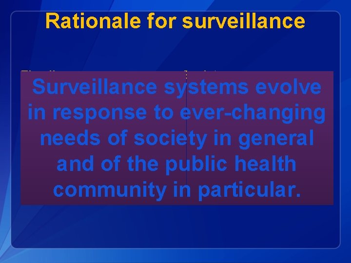 Rationale for surveillance The disease • • • Society Surveillance systems evolve Severity •