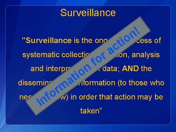 Surveillance ! n ”Surveillance is the ongoing process of io t c a systematic