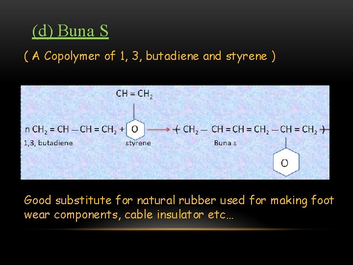 (d) Buna S ( A Copolymer of 1, 3, butadiene and styrene ) Good