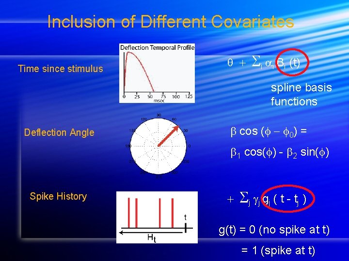 Inclusion of Different Covariates Time since stimulus i i Bi (t) spline basis functions Inclusion of Different Covariates Time since stimulus i i Bi (t) spline basis functions