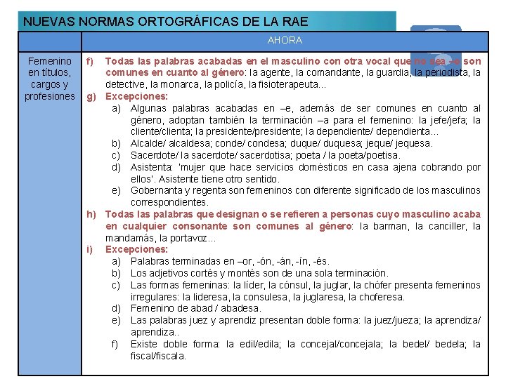 NUEVAS NORMAS ORTOGRÁFICAS DE LA RAE AHORA Femenino en títulos, cargos y profesiones f)