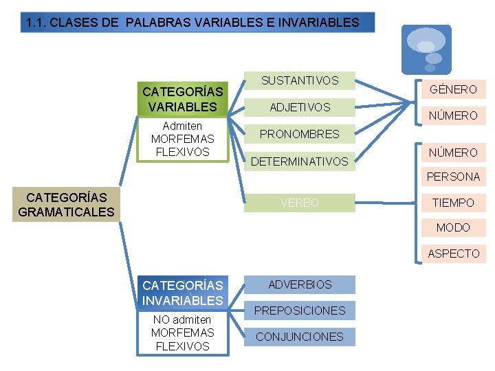 1. 1. CLASES DE PALABRAS VARIABLES E INVARIABLES CATEGORÍAS VARIABLES Admiten MORFEMAS FLEXIVOS SUSTANTIVOS