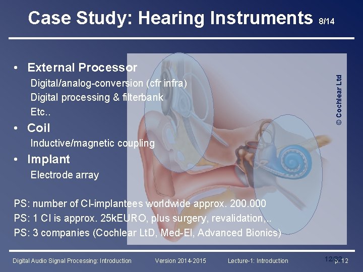 Case Study: Hearing Instruments 8/14 Digital/analog-conversion (cfr infra) Digital processing & filterbank Etc. .