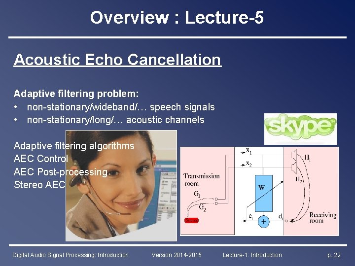 Overview : Lecture-5 Acoustic Echo Cancellation Adaptive filtering problem: • non-stationary/wideband/… speech signals •