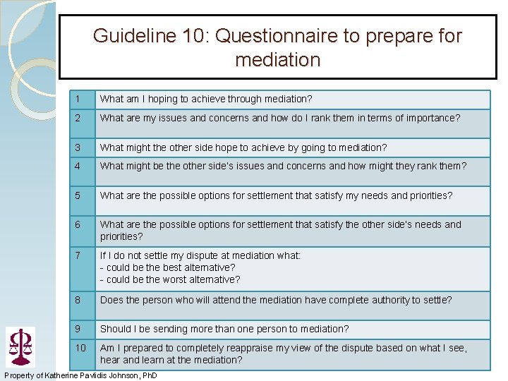 Guideline 10: Questionnaire to prepare for mediation 1 What am I hoping to achieve