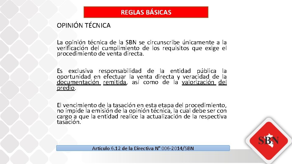 REGLAS BÁSICAS OPINIÓN TÉCNICA La opinión técnica de la SBN se circunscribe únicamente a