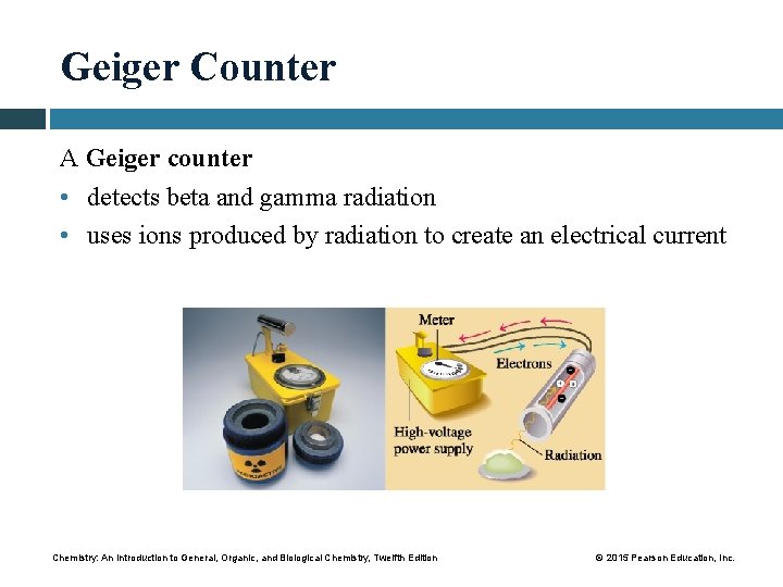 Geiger Counter A Geiger counter • detects beta and gamma radiation • uses ions