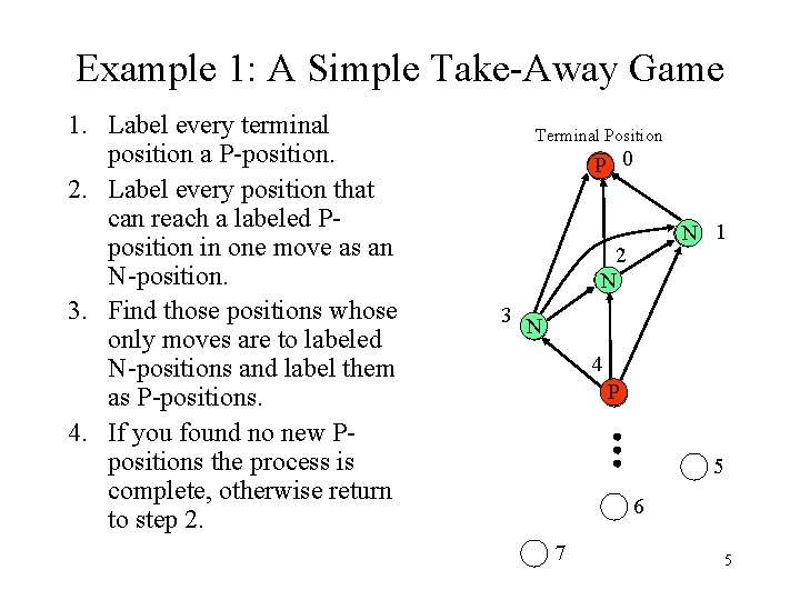 Example 1: A Simple Take-Away Game 1. Label every terminal position a P-position. 2.