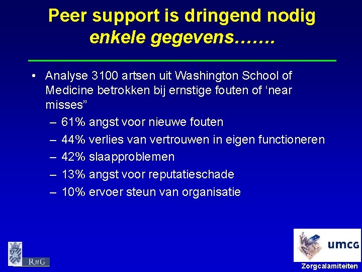 Peer support is dringend nodig enkele gegevens……. • Analyse 3100 artsen uit Washington School