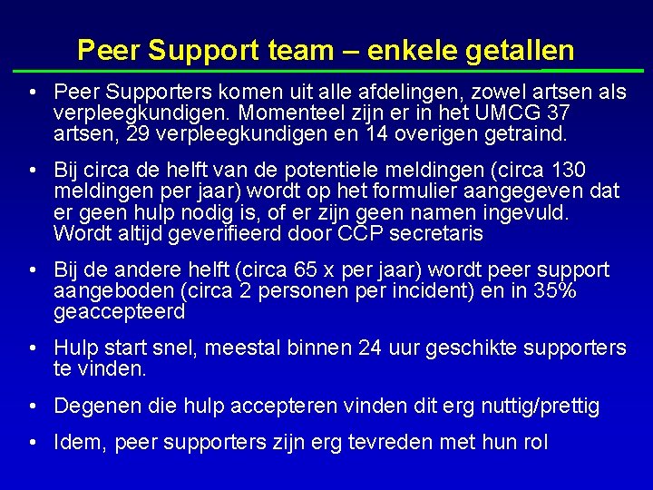 Peer Support team – enkele getallen • Peer Supporters komen uit alle afdelingen, zowel