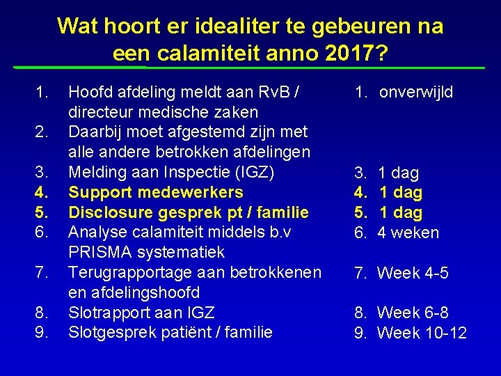 Wat hoort er idealiter te gebeuren na een calamiteit anno 2017? 1. 2. 3.