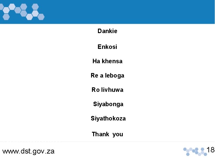 Dankie Enkosi Ha khensa Re a leboga Ro livhuwa Siyabonga Siyathokoza Presentation www. dst. Dankie Enkosi Ha khensa Re a leboga Ro livhuwa Siyabonga Siyathokoza Presentation www. dst.