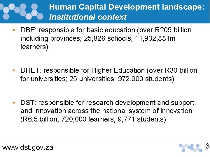 Human Capital Development landscape: Institutional context • DBE: responsible for basic education (over R Human Capital Development landscape: Institutional context • DBE: responsible for basic education (over R