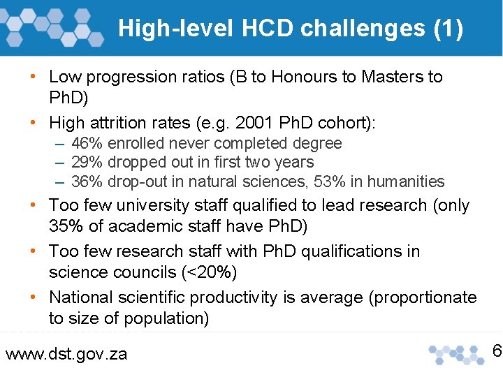 High-level HCD challenges (1) • Low progression ratios (B to Honours to Masters to High-level HCD challenges (1) • Low progression ratios (B to Honours to Masters to