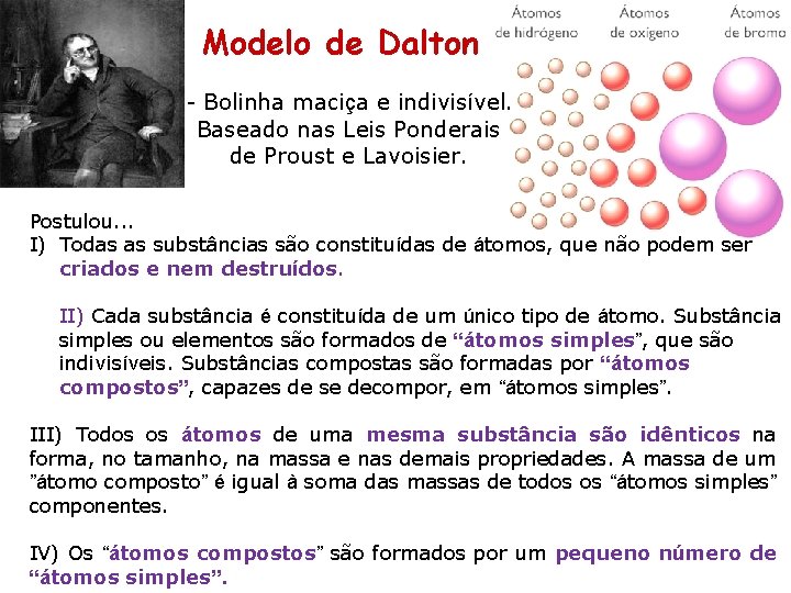 Modelo de Dalton - Bolinha maciça e indivisível. Baseado nas Leis Ponderais de Proust