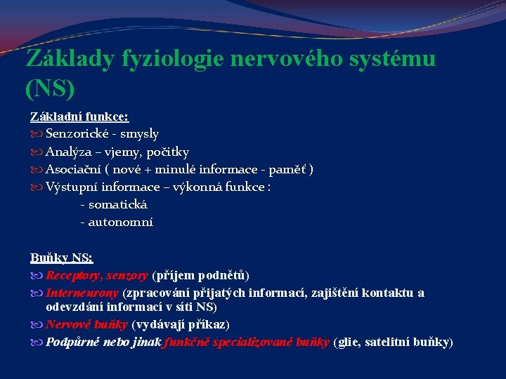 Základy fyziologie nervového systému (NS) Základní funkce: Senzorické - smysly Analýza – vjemy, počitky