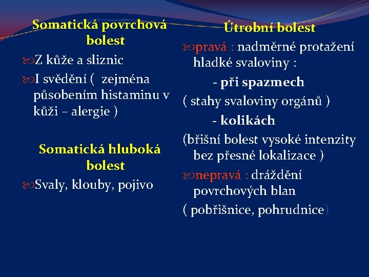 Somatická povrchová Útrobní bolest pravá : nadměrné protažení Z kůže a sliznic hladké svaloviny