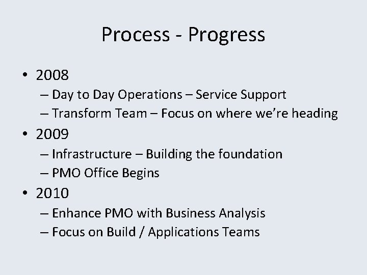 Process - Progress • 2008 – Day to Day Operations – Service Support –