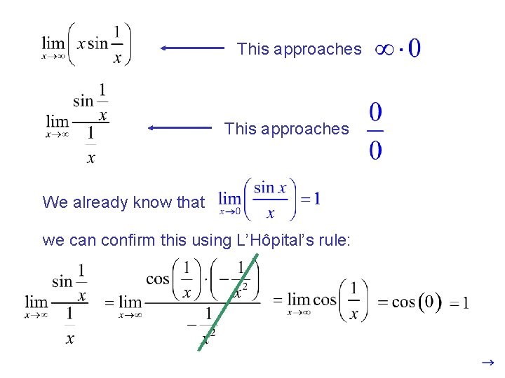This approaches We already know that we can confirm this using L’Hôpital’s rule: 