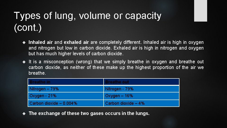 Types of lung, volume or capacity (cont. ) Inhaled air and exhaled air are