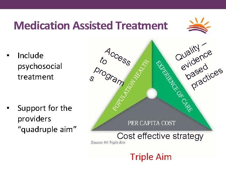 Medication Assisted Treatment • Include psychosocial treatment • Support for the providers “quadruple aim”