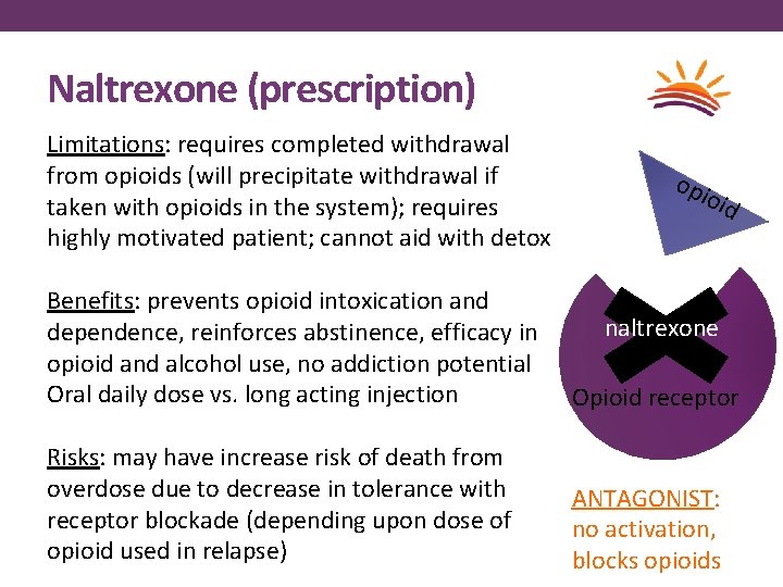 Naltrexone (prescription) Limitations: requires completed withdrawal from opioids (will precipitate withdrawal if taken with