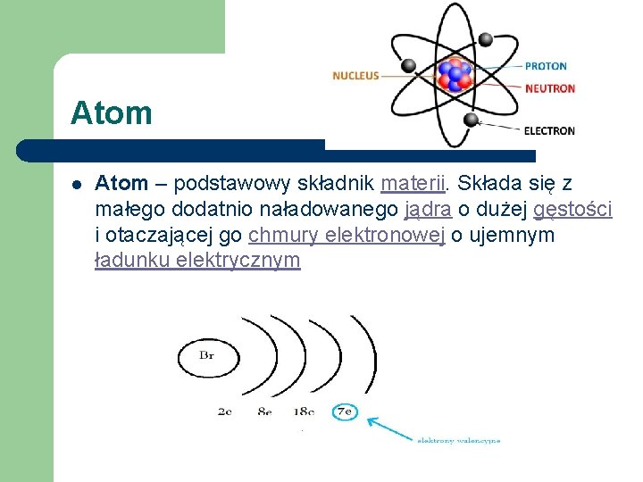 Atom l Atom – podstawowy składnik materii. Składa się z małego dodatnio naładowanego jądra