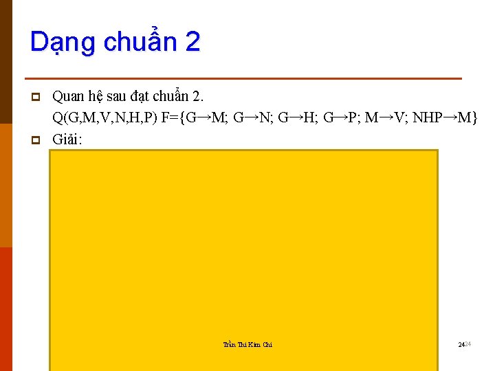 Dạng chuẩn 2 p p Quan hệ sau đạt chuẩn 2. Q(G, M, V,