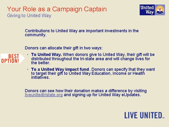 Your Role as a Campaign Captain Giving to United Way Contributions to United Way