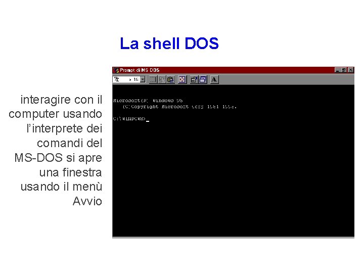 La shell DOS Si può anche interagire con il computer usando l’interprete dei comandi La shell DOS Si può anche interagire con il computer usando l’interprete dei comandi
