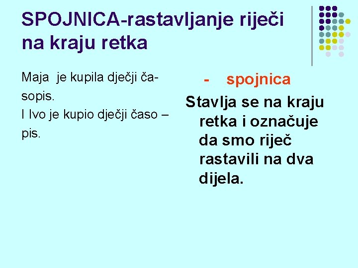 SPOJNICA-rastavljanje riječi na kraju retka Maja je kupila dječji časopis. I Ivo je kupio