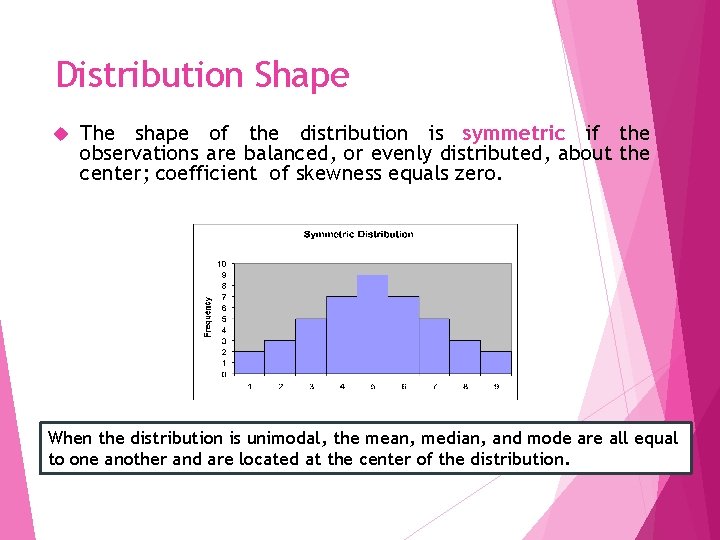 Distribution Shape The shape of the distribution is symmetric if the observations are balanced,