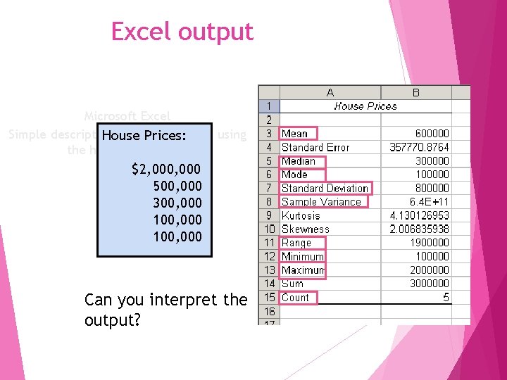 Excel output Microsoft Excel Simple descriptive statistics output, using House Prices: the house price