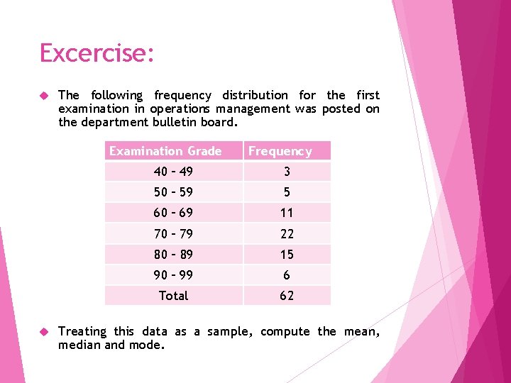 Excercise: The following frequency distribution for the first examination in operations management was posted