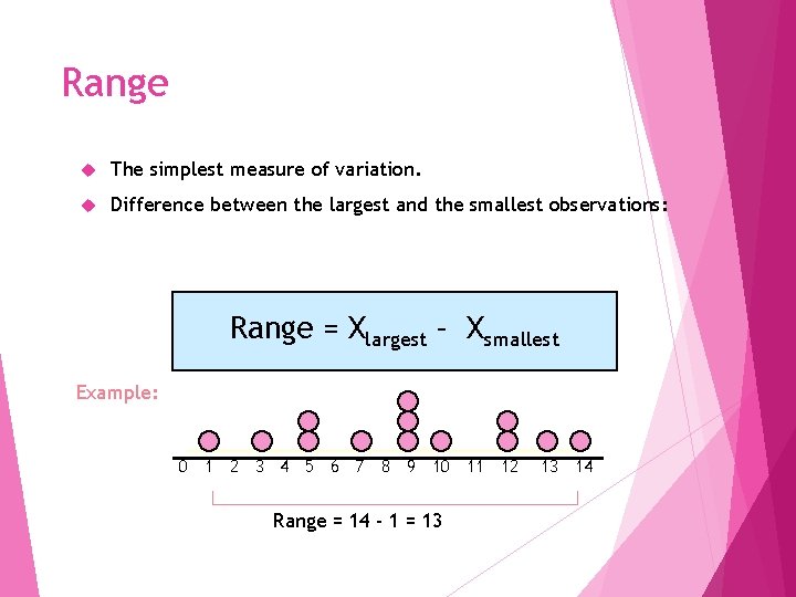 Range The simplest measure of variation. Difference between the largest and the smallest observations: