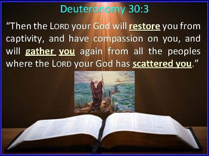 Deuteronomy 30: 3 “Then the LORD your God will restore you from captivity, and