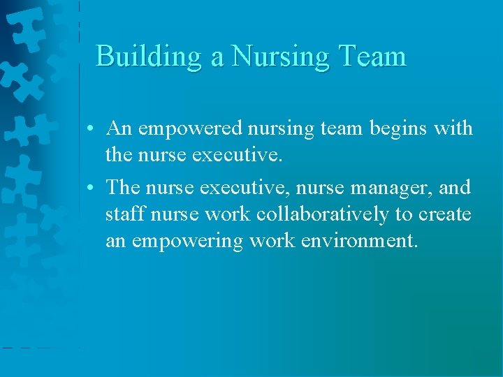 Building a Nursing Team • An empowered nursing team begins with the nurse executive.