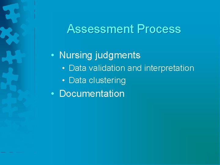 Assessment Process • Nursing judgments • Data validation and interpretation • Data clustering •