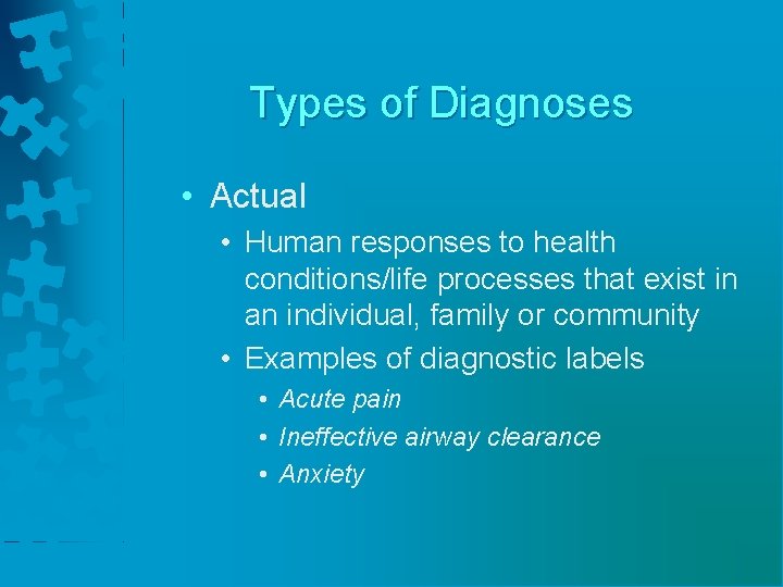 Types of Diagnoses • Actual • Human responses to health conditions/life processes that exist