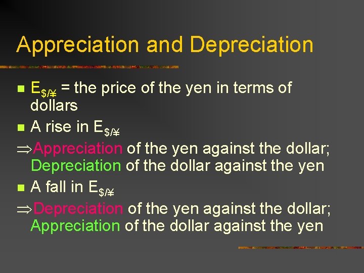 Appreciation and Depreciation E$/¥ = the price of the yen in terms of dollars