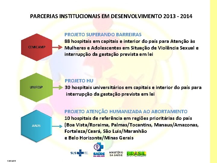 PARCERIAS INSTITUCIONAIS EM DESENVOLVIMENTO 2013 - 2014 CEMICAMP UNIFESP PROJETO SUPERANDO BARREIRAS 88 hospitais