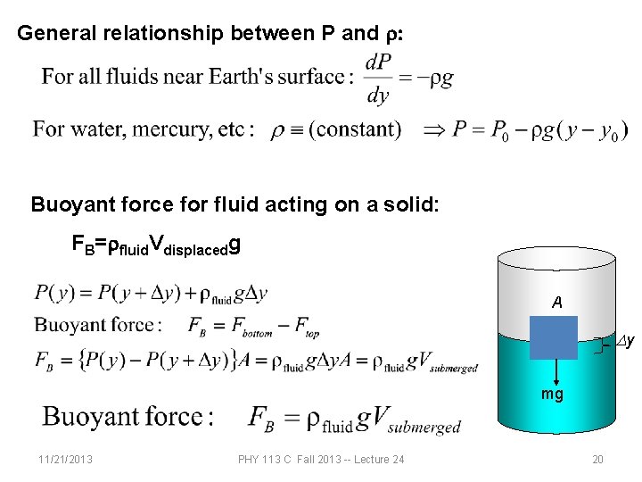 General relationship between P and r: Buoyant force for fluid acting on a solid: