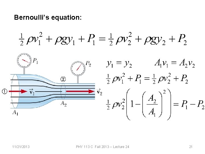Bernoulli’s equation: 11/21/2013 PHY 113 C Fall 2013 -- Lecture 24 21 