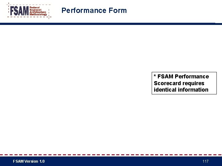 Performance Form * FSAM Performance Scorecard requires identical information FSAM Version 1. 0 117