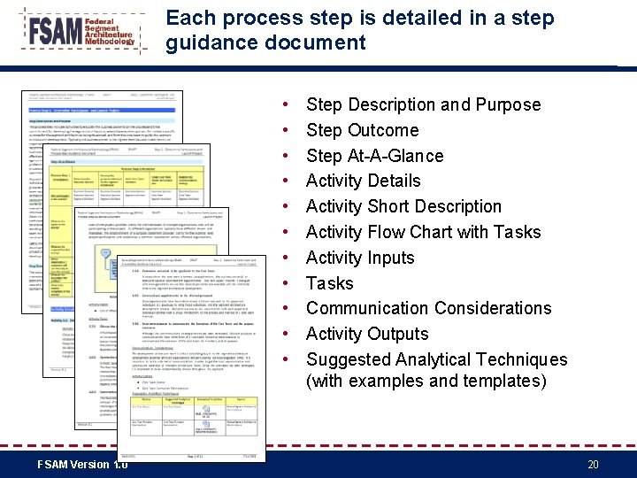 Each process step is detailed in a step guidance document • • • FSAM